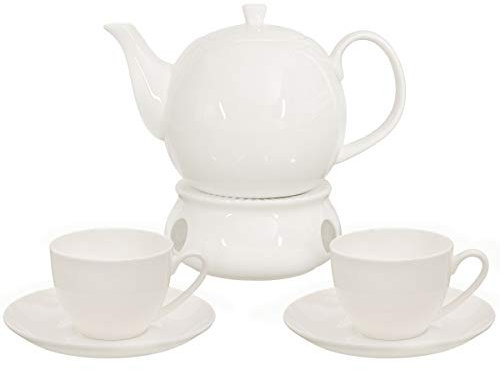 Buchensee Kaffeeservice aus Fine Bone China Porzellan. Tee- / Kaffeekanne in fein-cremigem Weiß mit 1,5l Füllvolumen, 2 Kaffeetassen, 2 Unterteller und Stövchen.