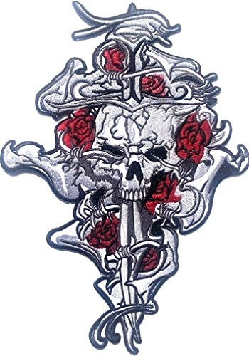 Skull-Aufnäher-Kreuz-Patches-Applikation-Stickerei-groß für Jeans-Jacke-n Kleidung Aufbügler zum aufbügeln 29 x 19 cm “
