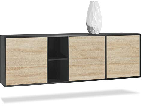 Vladon Kommode Cuba, Made in Germany, Schwarz matt/Eiche sägerau - Modernes Sideboard für Ihr Wohnbereich - (BxHxT) 182x53x35 cm