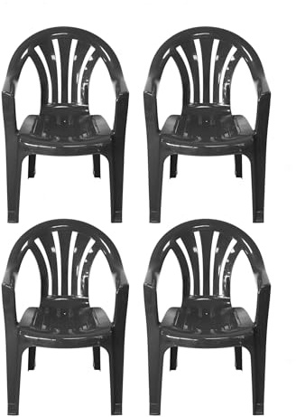 Plastic Garden Chairs - BLACK Set of 4 Chairs - Stackable with Vertical Slat Low Back Design - Indoor or Outdoor Use - Suitable for Patio, Parties, Picnics or Camping.
