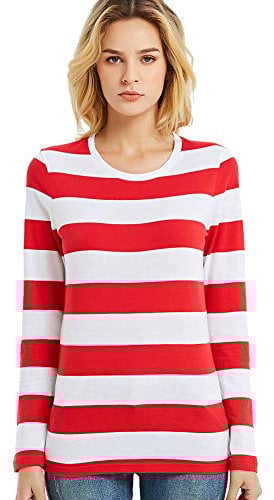 Long Sleeve Tops Women Wide Striped T Shirts Round Neck Red White Stripes Tee M