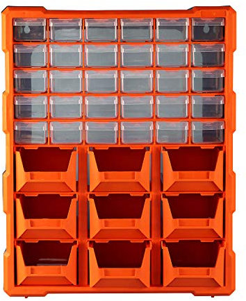 Bond Hardware 39 Drawer Organiser for DIY Tool Bits Plastic Storage Units - Workshop Screws and Small Parts Cabinet or Office Stationary Craft Box Black/Orange