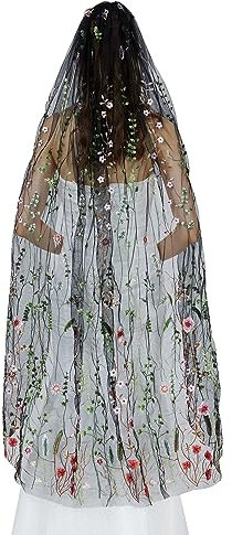 BEAUTELICATE Brautschleier Tüll Schleier mit Blumen Stickerei Böhmischer Schal für Braut Hochzeit Karneval Schwarz Weiß mit Metall Kamm 1 Schicht Walzerlänge Fingerspitzen Länge
