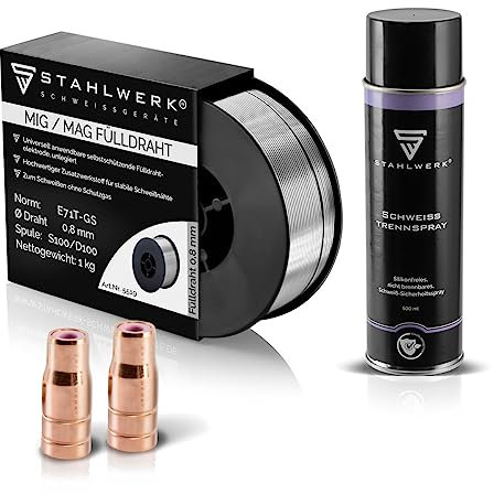 STAHLWERK Set Fülldrahtdüse 2er Pack + Fülldraht 1 kg 0,8 mm + STAHLWERK Schweiß-Trennspray