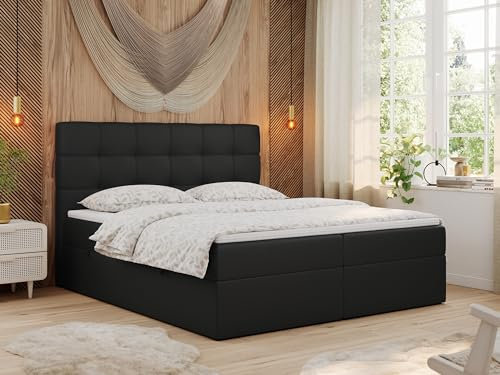 MKS MEBLE Boxspringbett 140x200 mit Matratze, Bett mit Multipocket - Matratze H3 und Topper, Polsterbett 140x200 mit Bettkasten und Kopfteil, ERNI - Schwarz Kunstleder