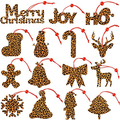 Yookeer 15-Piece Leopard Print Christmas Ornament Set - Wooden Hanging Decoration for Xmas Tree, Wedding, Party Supplies - Adult, Unisex, Traditional Style, Multicolor, Non-Foldable