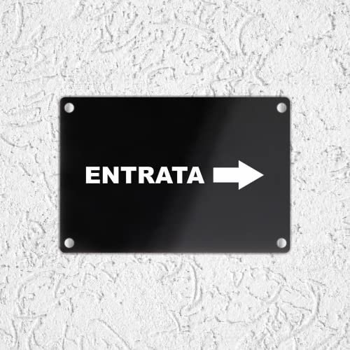 CARTELLO IN PLEXIGLASS NERO LUCIDO SEGNALETICO - ENTRATA CON FRECCIA DESTRA, SINISTRA, GIù O Sù- Con Distanziali in acciaio inox e Stampa U.V. (30X42 CM)