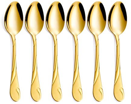 Gold Dessert Spoon Set, Seeshine 6.5-inch Stainless Steel Shiny Gold Teaspoon, Espresso Coffee Spoon, Set of 6