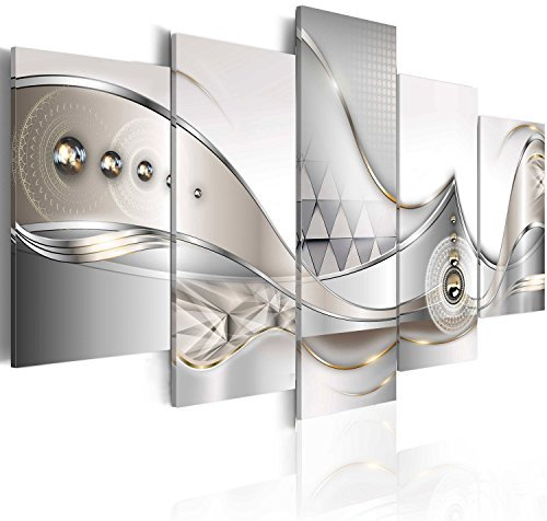 B&D XXL - Wandbilder XXL Abstrakt 150x75cm 5 tlg - Wand Deko Leinwand Bilder Groß Wanddeko Wohnzimmer Schlafzimmer Kunstdrucke - Ornament Perlen grau silber b-A-0073-b-o