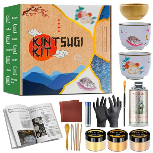 Kintsugi Reparatur Set (Upgraded Resin) Kommt mit zwei Praxis echte Keramik Teetassen komplette DIY Handwerk Kits für Erwachsene Kintsugi Kit Pottery Repair Kit 60g Gold Mica Powder