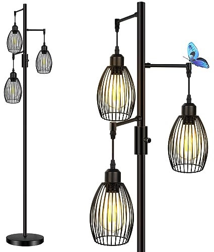 HiBay LED Stehlampe Schwarz Dimmbar Vintage Standleuchte, 3x8W 800LM E27 Glühbirne Modern, 3 Flammig Floor Lamp für Wohnzimmer,Schlafzimmer