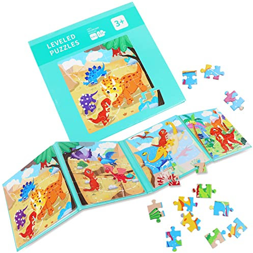 Magnetic Puzzles for Children,133 Pieces 4-in-1 Dinosaur Wooden Jigsaw Puzzles Book,Educational Toy for Age 3+