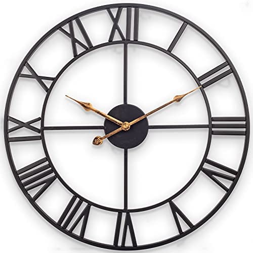 Wanduhr Große, Europäische Industrie Vintage Wanduhr mit Römische Ziffern, Lautlos Ohne Tickgeräusche Metall Wanduhr, Dekor Wanduhr für Wohnzimmer, Küche, Schlafzimmer - 35cm, Schwarz