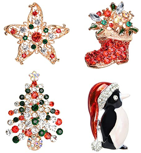 XNHIU 4 Stück Strass-Kristall-Brosche Weihnachtsbaum Brosche Stern Socken Pinguin Brosche Pins Weihnachtsschmuck, Strassstein