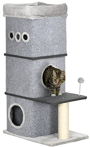 PawHut Barril Rascador para Gatos de 3 Niveles Altura 102 cm Torre para Gatos con Caseta de Fieltro Desmontable Poste de Sisal Cama y Bola de Juguete 60x40x102 cm Gris