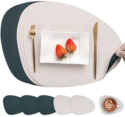 Myir JUN Tischsets Leder und Untersetzer, Tischsets Abwaschbar Rund Doppelseitigen rutschfest Platzdeckchen Leder Kunstleder Tischset Lederoptik Platzset (Beige Grün, Satz von 6)