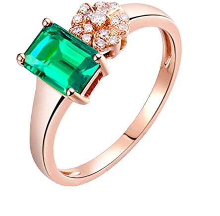 Anelli Oro Rosa, Anello A Fascia con Smeraldo 18K Laboratorio 1ct Creato Una Forma Rettangolare di Smeraldo con Moissanite Bianca 0,07ct Taglia 10