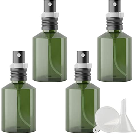 PQPAUTY 4 Pieces Empty 50ml Green PET Plastic Fine Mist Pump Spray Bottles with Lock on Clip Aluminium Sprayer for Cosmetic Perfume Water Travel Portable Containers Refillable, 1x Funnel