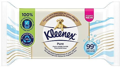 KLEENEX Pure - Papier Toilette Humide (12 paquets de 38 feuilles) - double épaisseur - jetable dans les toilettes - sans plastique - sans parfum - sans alcool - emballage recyclable