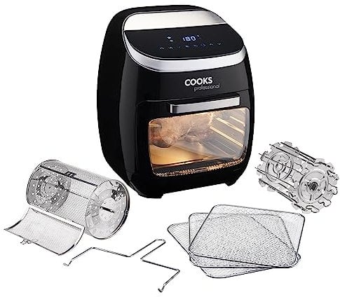 Cooks Professional 11L Digital Air Fryer Oven 2000W with Rotisserie Basket, Kebab Skewers, Racks, Internal Light, Window | Energy Efficient Countertop Cooker with 10 Preset Cooking Functions | Black