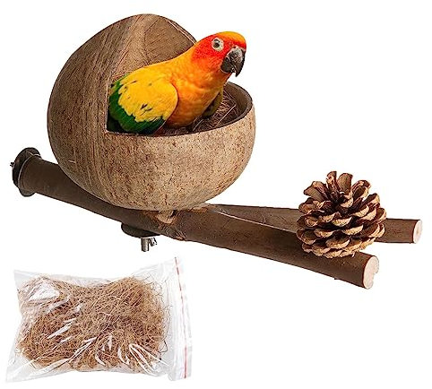 HAMIL Kokosnuss-Vogelnest, natürliches Vogelversteck aus Kokosnussschale, Vogelversteck und Sittichnest, Vogelhaus, Bett, Sittich-Nistkasten für Liebesvögel, Sittiche, Finken, Wellensittiche