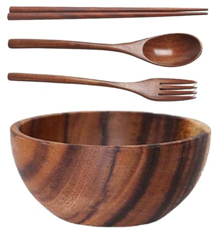 Kopida Grand bol de service rond en bois d'acacia avec ustensiles, fourchettes et cuillères en bois pour fruits, salades, légumes, pâtes, soupes, céréales, bol nid en bois décoratif, 16 cm de diamètre