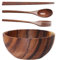 Kopida Grand bol de service rond en bois d'acacia avec ustensiles, fourchettes et cuillères en bois pour fruits, salades, légumes, pâtes, soupes, céréales, bol nid en bois décoratif, 16 cm de diamètre