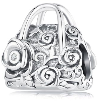 Ciondolo a forma di rosa intagliata con ciondoli a forma di fiore, in argento Sterling, Argento sterling