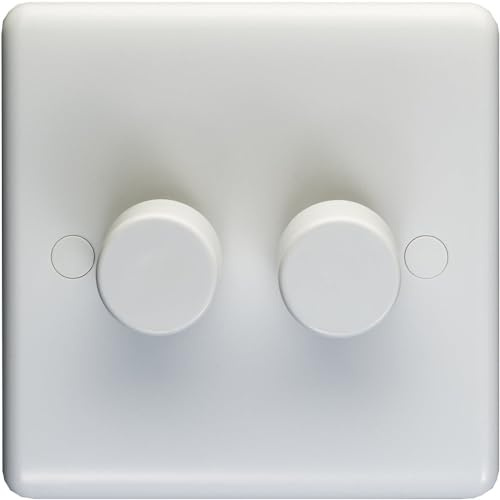 2 Gang Double 400W LED 2 Way Rotary Dimmer Switch White Light Dimming Plate - Decorative Metal Wall Plate