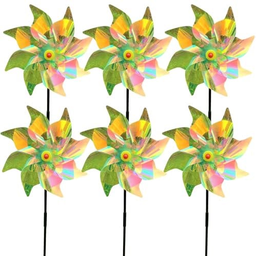 MOGADEE® 6 Stück Windräder Vogelabwehr xuancai, Reflektierende Windräder, Windrad Vogelabwehr, Vogelschreck Windrad, Windräder Garten für Balkon, Obstgarten, Hof, Dach (Farbverlauf Bunte, 55x24cm)