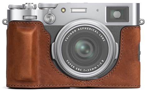 MUZIRI KINOKOO Fuji X100VI Tasche, Echtleder Halbschutzhülle kompatibel für Fujifilm X100VI Kamera – mit Öffnungsboden und Handgriff-Design – Braun