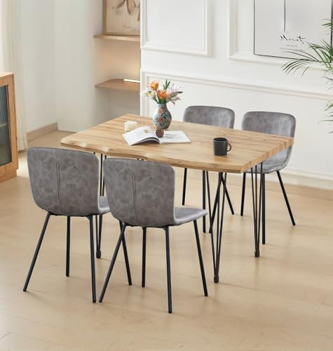 Hallowood Furniture Cullompton Large Dining Table and Chairs Set 4, Live Edge Effect Top Kitchen Table (120cm) and Taupe Faux Leather Dining Chairs, Modern Dining Set for 4 for Home and Café