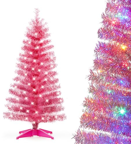 DEWUR Pre-Lit Artificial Christmas Tree, Warm White Lights, Colorful Lights, Includes Stand, 4 feet (Pink)