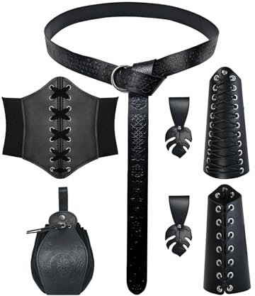 YRTBGD 5 Stück Mittelalter Kleidung für Damen Accessoires Set, Renaissance Viking Renaissance Ritter Deko mit Korsett Gürtel Armschützer Gürteltasche Kleiderklammer für Halloween Karneval (Schwarz)