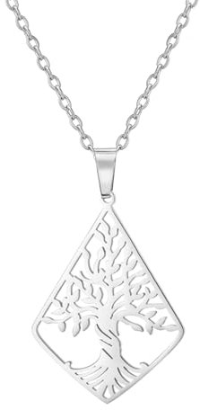 kkjoy Collier Rhombique Arbre de Vie en Acier inoxydable Collier Pendentif Arbre de Vie de Famille Inspiré par la Nature Bijoux Spirituels pour Femme Homme
