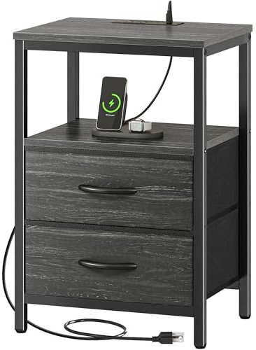 Huuger Table de nuit avec station de charge, tiroirs en tissu, table d'appoint avec étagère ouverte, table de chevet avec ports USB et prises USB, table de nuit pour chambre à coucher, imprimé grain
