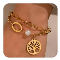 TTPSRY Pulsera Árbol de la Vida en Acero Inoxidable con Perla Joyas Elegantes para Mujer Brazalete de Moda Accesorios de Joyería Pulsera Dorada de Alta Calidad