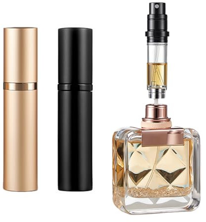 Vinuwu Nachfüllbarer Parfümzerstäuber, 5 ml, Mini-Reise-Aftershave-Spender, kleine Parfüm-Sprühflasche, Taschengröße, Bodenfüllung, Parfümspender für Damen und Herren (Schwarz + Gold, 2 Stück)