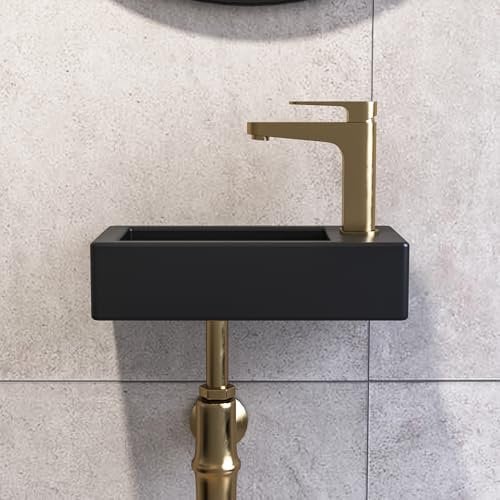 Wall Hung Basin, DeerValley Small Cloakroom Wash Basin, Rectangular Ceramic Compact Bathroom Sinks Without Overflow – 37 x 18.5 x 9cm (Black, Right Hand)