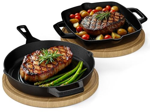 KAISERTAL® 27cm Grillpfanne & 30cm Gusseisenpfanne Set - Pfannen für Fleisch, Gemüse & Fisch - voreingebrannte Gusspfannen sind Backofen- & Induktionsgeeignet