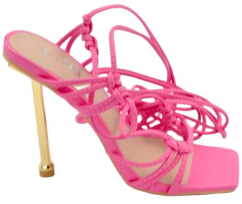 Sandali Alti Donna in Pelle Fucsia Lacci alla Schiava Incrocio all'avampiede con Tacco a Spillo Oro 12 cm (38 EU)