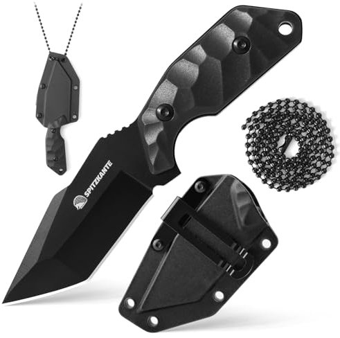 SPITZKANTE Neck Knife X-TAN-K, lame Tanto de 7,8 cm en acier 5Cr14MoV, petit couteau fixe EDC Outdoor avec fourreau ABS, chaîne à billes, entièrement noir