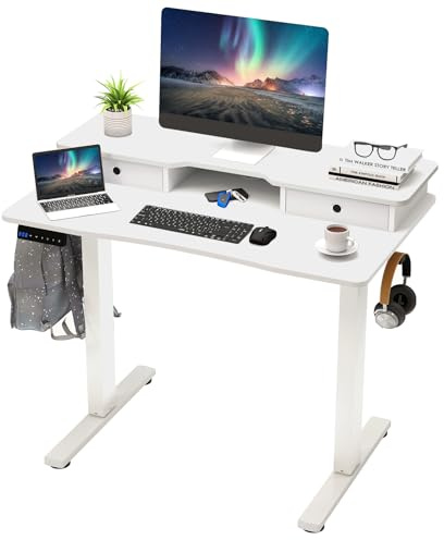 COSTWAY Schreibtisch höhenverstellbar, elektrischer Computertisch 100 x 60 cm, Stehschreibtisch mit Monitorständer, Schubladen, Ablagen & 2 Haken, Sitz-Steh-Schreibtisch für Zuhause & Büro (Weiß)