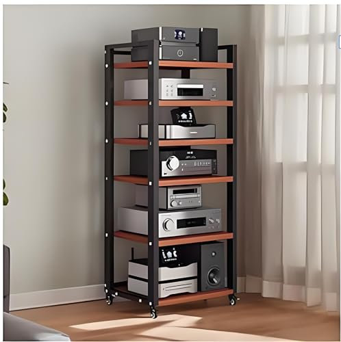 Support multimédia AV à 6 Niveaux avec roulettes, étagères Audio-vidéo réglables, Meuble Audio stéréo, Lecteur CD, Console de Jeux vidéo, Support pour Composants de Divertissement,Marron