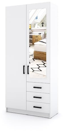 Marlux-Meble Kleiderschrank Sigma 90 cm breit mit Spiegel 2 Drehtüren und 3 Schubladen Korpus in Weiß Matt Schlafzimmerschrank Kinderzimmerschrank (Türen-Weiß, Schubladen-Weiß)
