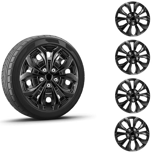Tulamotoren Universelle Radkappen, 4er-Set, kompatibel mit Stahlfelgen, Snap-On-Design, strapazierfähiges PP-Material, mit verstellbarem Stahl-Sicherungsring (Schwarz, 16 Zoll)