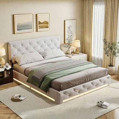 Bett 160x200 cm mit Bettkasten, Hydraulisches Polsterbett mit Verstellbares Kopfteil und Lattenrost, Jugendbett mit Stauraum, Doppelbett aus Holz für Jugendliche, Erwachsene, Leinen, Cremeweiß