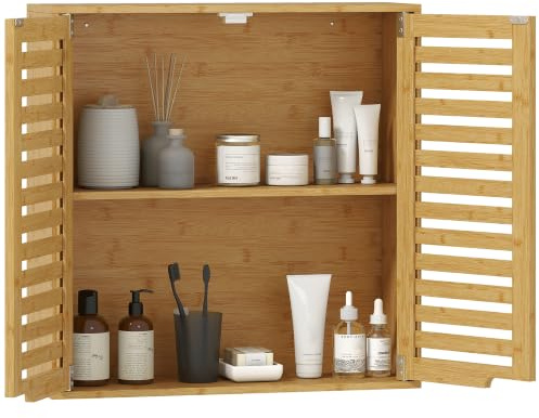 HOMCOM Pensile Bagno con Ante a Persiana in Bambù 60x20x60 cm Color Legno | Mobiletto Bagno Sospeso, Ripiano Interno Regolabile