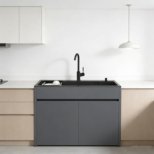 Évier de Cuisine Inox 1 Bac avec Robinet et Tuyaux D'eau Chaude et D'eau Froide, Évier de Commercial avec Placard de Rangement, Panier de Vidange pour Extérieur, Buanderie