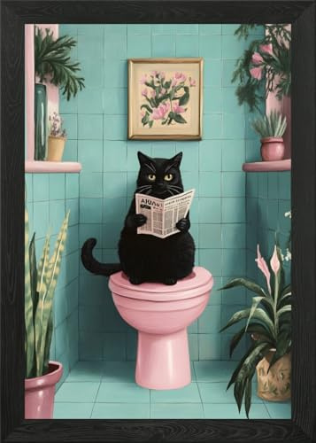 Cat On The Toilet Art Framed Wall Art Poster Print Picture (Black, A3)